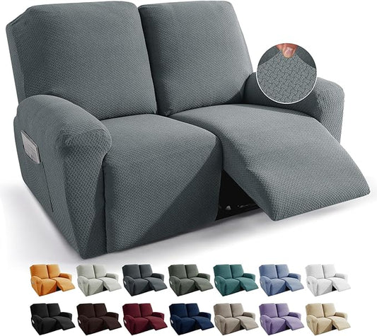 JIVINER 6-Piece Loveseat Recliner Slipcover Stretch Jacquard Recliner Sofa Cover 2 Seater Washable Reclining Couch Cover with Pocket Fitted Furniture Protector Cover (Loveseat Recliner, Light Gray)
