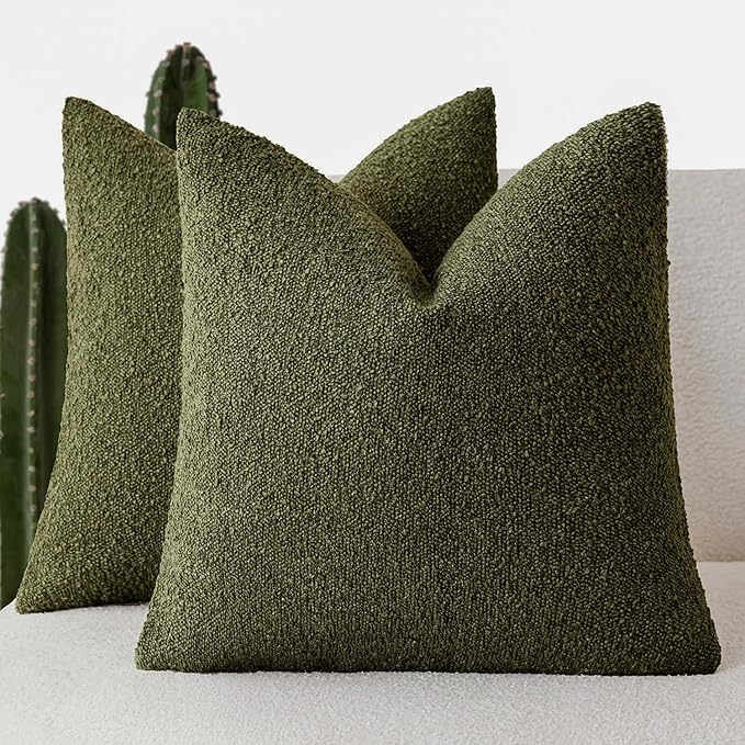 Foindtower Pack of 2, Decorative Textured Boucle Throw Pillow Covers Neutral Accent Solid Pillow Cases Cozy Soft Couch Cushion Case for Chair Sofa Bedroom Living Room Home Decor 22x22 Inch Moss Green
