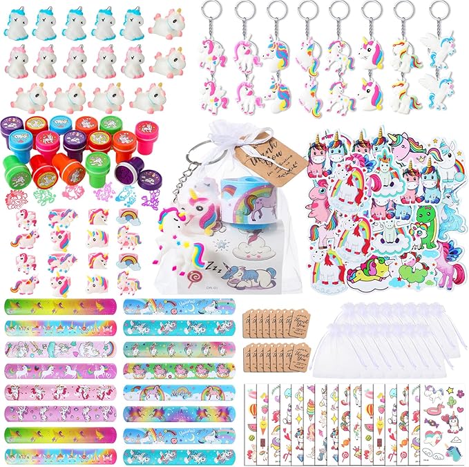 Hungdao 178 Pcs Unicorn Birthday Party Favors for 16 Kids with Keychain Sticker Stamp Ring Slap Bracelet Tattoo Sticker Gift Bag Tag for Unicorn Girl Party Carnival Gift Fillers