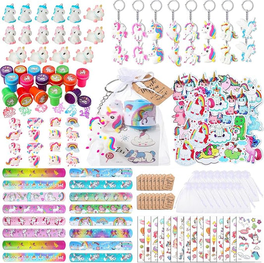 Hungdao 178 Pcs Unicorn Birthday Party Favors for 16 Kids with Keychain Sticker Stamp Ring Slap Bracelet Tattoo Sticker Gift Bag Tag for Unicorn Girl Party Carnival Gift Fillers