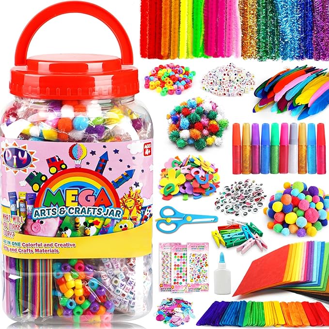 FUNZBO Arts and Crafts Supplies for Kids - Kids Crafts with Pipe Cleaners, Popsicle Sticks, Pompoms & Stickers, All in One Homeschool Supplies, Toys Crafts for Girls & Boys Age 4+ (Jumbo)