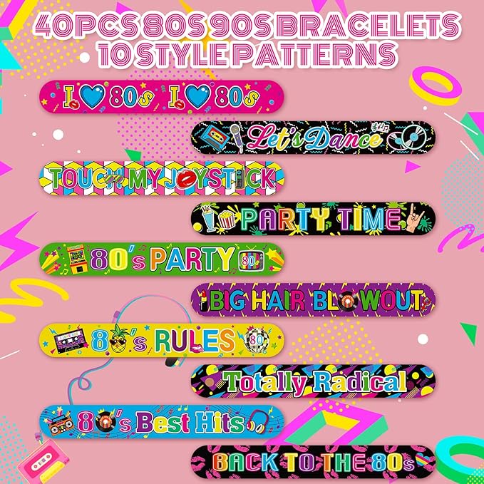 Civaner 40 Pcs 80s 90s Party Favors Slap Bracelets 80s Wristbands Bracelets for Kids Retro Birthday Party Supplies Cute Cassette Tape for 1980s 80s Neon Throwback Adults Birthday Party Supplies