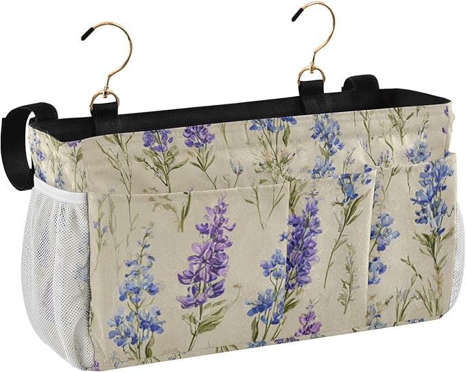 Bluebonnet Lavender Bedside Caddy for Dorm Bed Bedside Hanging Caddy Bag Iron Frame Storage Organizer Pocket for Bunk Home College Hospital Beds 2 Hooks