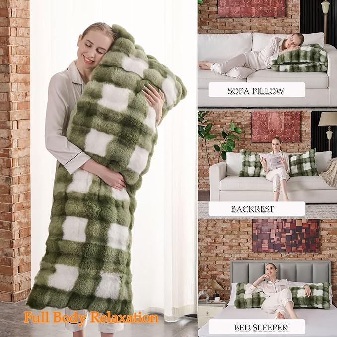 Luxury Shaggy Faux Fur Body Pillow,Fluffy Bed Pillow with Zipper Closure,Soft Decorative Plush Full Long Pillows,Fuzzy Hug Pillow for Living Room Side Sleeper & Pregnancy 20"x54" Sage Green Grid Print