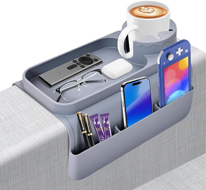 Couch Cup Holder Tray - Wide (6"+) ， Silicone Sofa Armrest Tray with Dual Pockets，Couch Arm Tray Anti-Slip Organizer for Drinks, Phone, Remote, Snacks | Heat Resistant for, Recliner, Car