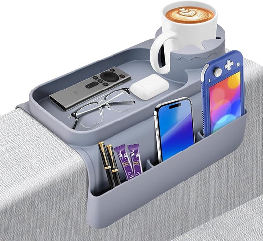 Couch Cup Holder Tray - Wide (6"+) ， Silicone Sofa Armrest Tray with Dual Pockets，Couch Arm Tray Anti-Slip Organizer for Drinks, Phone, Remote, Snacks | Heat Resistant for, Recliner, Car