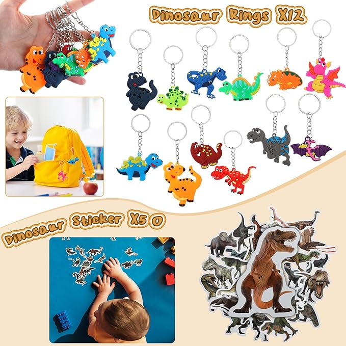 139 Pcs Dinosaur Party Favors Include Dinosaur Party Favors Bags Silicone Wristbands Dino Figure Masks Badges Notebooks Keychains Bracelets Pencils Tattoos Dinosaur Toys Stampers Dinosaur Stickers