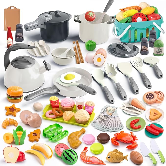 130Pcs Kitchen Playset, Toddler Pretend Cooking Play Pots, Pans, Utensils Cookware, Daily Food Fruit Veges, Shopping Storage Basket, Dessert, Prop Money, Learning Gift for Child （White）