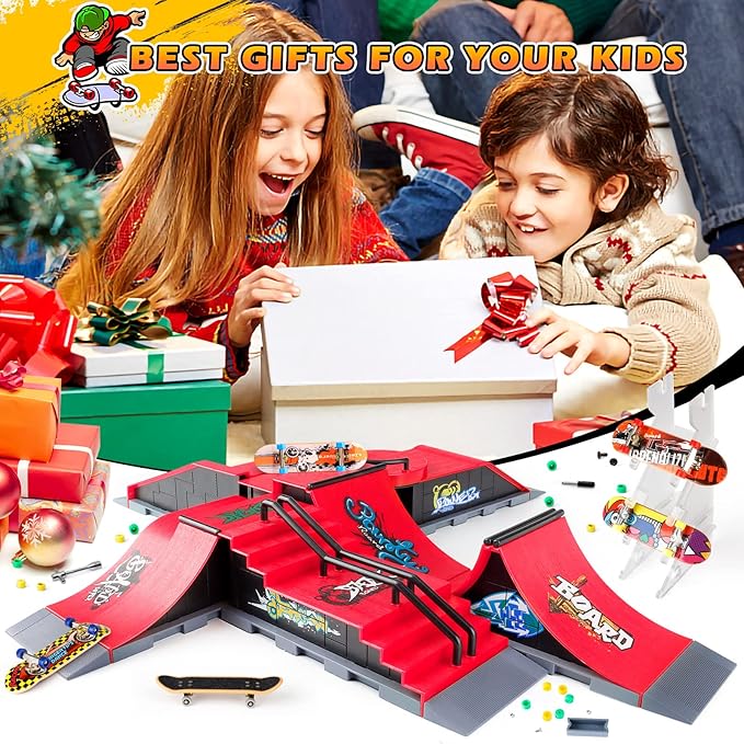 Fingerboard Skatepark Skate Park Kit, 6-in-1 Finger Skateboard Ramp Set Ultimate Parks Training Props with 6 Finger Skateboard 6 Finger Deck & Display Holder Finger Skate Toys for Kids Gifts