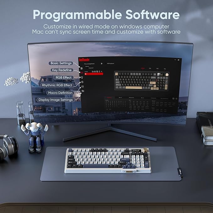 RedThunder K95 Wireless Mechanical Keyboard, TFT Screen & Knob, Tri-Mode BT5.0/2.4GHz/USB-C Hot Swappable Custom, Pre-lubed Linear Switches, Gasket Structure, RGB Gaming Keyboard, Snowy White-Blue