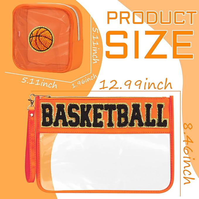 BuyCard 2 Pcs Basketball Gifts Makeup Bag with Chenille Letter Patch, Clear Cosmetic Pouch PVC Organizer Purse, Waterproof Travel Bag, Portable Toiletry Storage Bag for Her Girls Friends Women