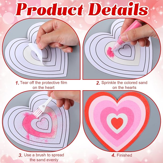 24 Set Valentine Hearts Sand Art Craft Kit for Kids 4.72 Inch DIY Valentine's Day Sand Painting Kit with Colored Sand Brush Heart Sand Art and Crafts for Valentines Home Classroom Activities