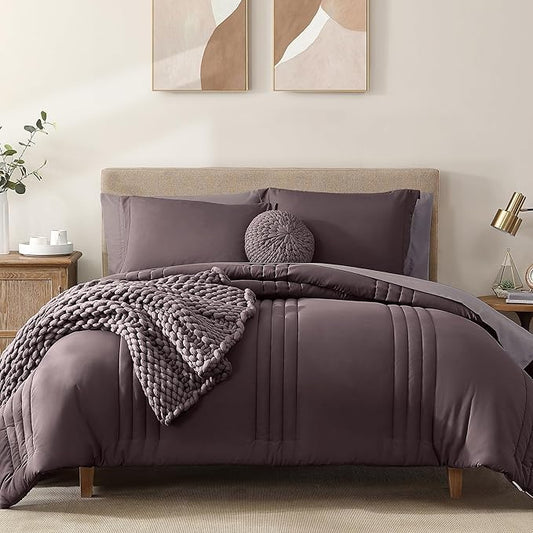 Monbix Queen Comforter Set - 7 Pieces ltalian Plum Bed in a Bag Queen Bedding Sets with Comforters, All Seasons Comforter Bed Set with Sheets, Pillowcases & Shams
