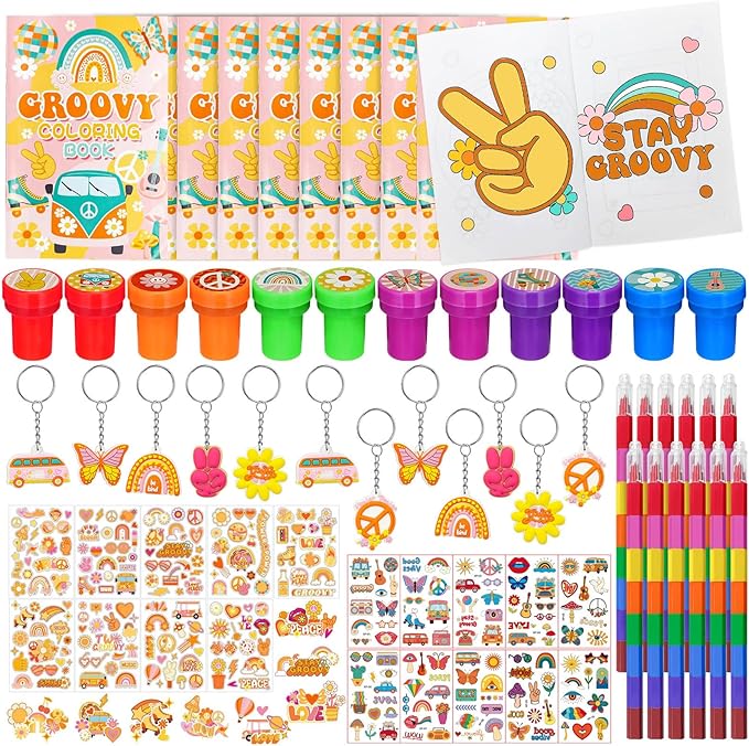 72 Pcs Groovy Coloring Book with Crayons Bulk,Retro Hippie Daisy Flower Party Favors Goodie Bags Fillers,Rainbow Boho Birthday Party Supplies Face Stickers Tattoo Prizes Gift for Groovy Party