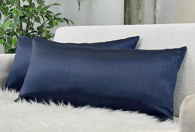 Aiking Home 12x24 Inches Faux Silk Rectangular Throw Pillow Cover, Zipper Closure, Navy (Set of 2)