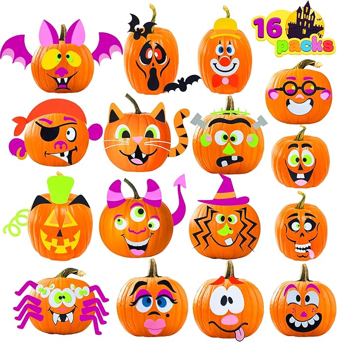 JOYIN 16 Packs Halloween Pumpkin Stickers Foam Craft Kit, Halloween Party Favors for Kids, Party Supplies Arts Activities, Funny Pumpkin Decorating Stickers, Jack O Lantern Stickers School Games Gifts