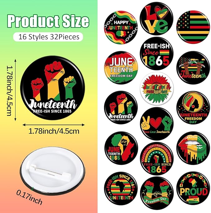 64PCS Happy Juneteenth Day Party Favors Supplies Freedom Day Button Badges Pins Silicone Bracelets for African American Juneteenth Free-ish Since 1865 Party Decorations Bag Stuff Fillers