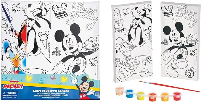 Color Your Own Canvas Set - 2 Vibrant Canvases (8"x4"), 6 Bold Paints, 1 Paint Brush - Perfect Creative & Educational Gift for Kids' Artistic Fun - 1 Set, Disney Mickey Mouse