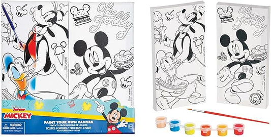 Color Your Own Canvas Set - 2 Vibrant Canvases (8"x4"), 6 Bold Paints, 1 Paint Brush - Perfect Creative & Educational Gift for Kids' Artistic Fun - 1 Set, Disney Mickey Mouse