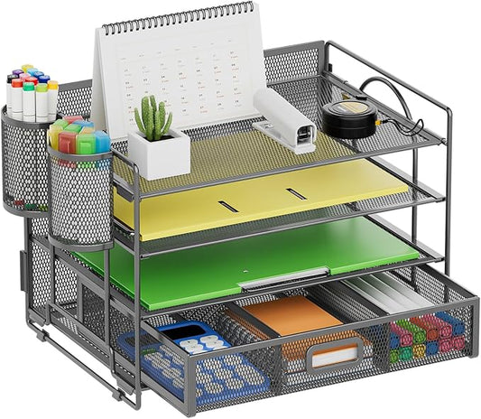 Marbrasse Desk Organizer and Accessories4-Tier Paper File Letter Tray Accessories & Workspace Desk Organizers with Drawer and 2 Pen Holders for School Home Office Supplies (Grey)