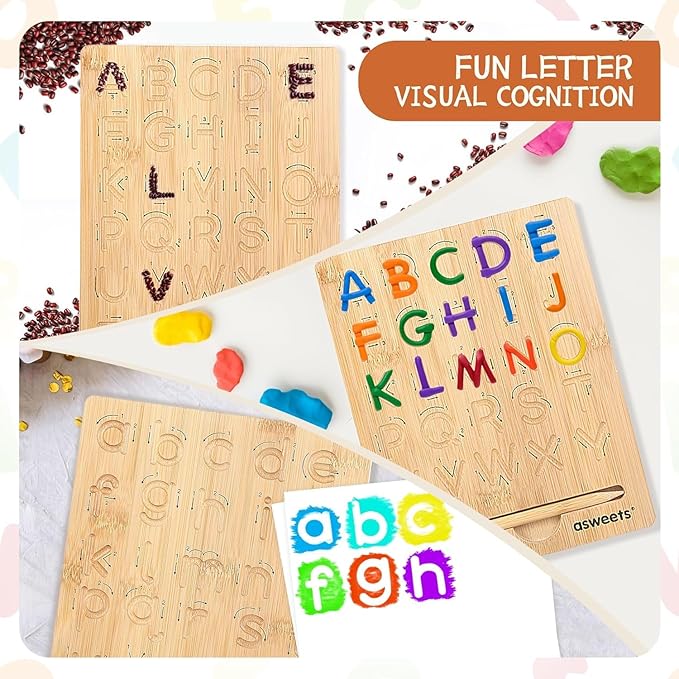 Asweets Montessori Wooden Alphabet Tracing Board, Wood Letter Practicing Board,Double-Sided Boards for Toddlers and Preschool Gifts for Kids(2 Piece)