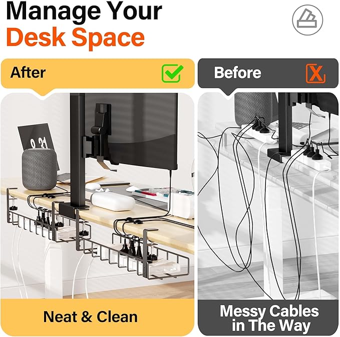 2 Pack Cable Management Under Desk Tray, 31.4" No Drill Under Desk Wire Management with Upgraded Clamp, Metal Cord Organizers for Desk with Cable Organizers, PC Cable Management Rack, Black