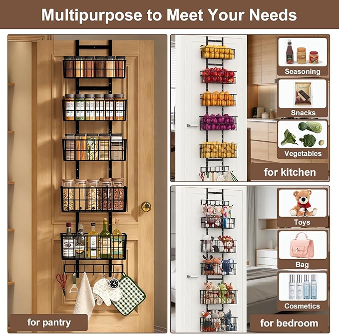 Hongtamoya Adjustable Over The Door Organizer, Metal Hanging Door Organizer with 5 Wire Basket 7 Hooks, Wall Mounted Shelf for Pantry Laundry Organization and Storage, Black