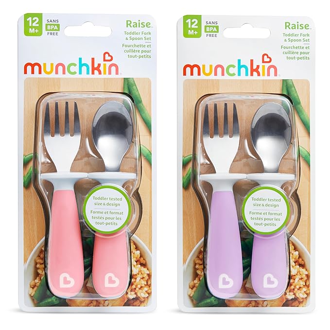 Munchkin® Raise™ Toddler Fork and Spoon Utensil Set, Rest Keeps Tip Off Table, BPA Free, 4 Pack, Pink/Purple