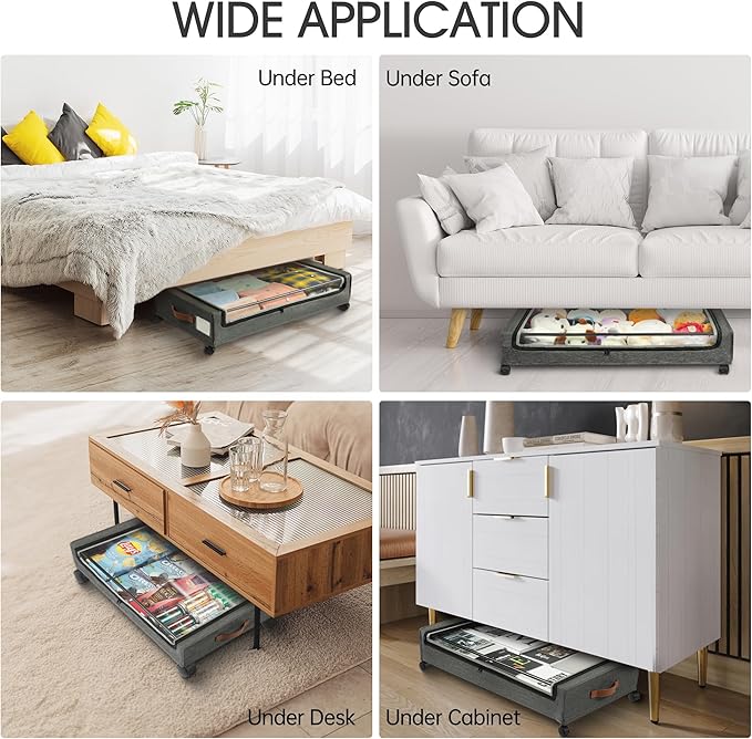 Yecaye Under Bed Storage with Wheels, 4 Pack 60L Under Bed Rolling Storage with Clear Window & Label, Underbed Storage Containers, Rolling Under Bed Metal Drawer for Clothes, Shoes, Books