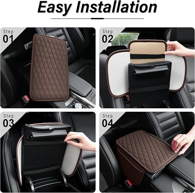 Amiss Car Center Console Cover, Upgraded Leather Car Armrest Cushion with 2 Storage Pockets, Universal Waterproof Cushion Pad, Non-Slip Car Interior Accessories, Fits Most Sedans SUVs Trucks (Brown)