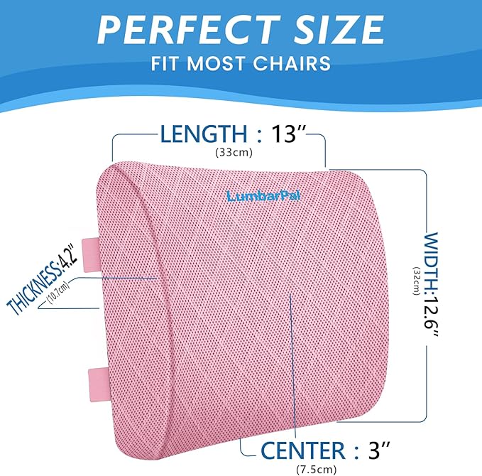 Lumbar Support Pillow for Office Chair Back Support Lumbar Pillow for Car, Gaming, Office Chair - Improve Sitting Posture & Back Pain Relief, Memory Foam, Adjustable Straps, Pink