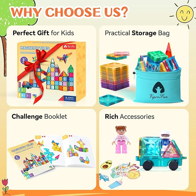 Magnetic Tiles Set, Magnet Tiles Building Blocks with Car Toy Figurines and Stickers, Construction Educational STEM Sensory Toys Gifts for 3 4 5 6 7 8 + Year Old Kids Toddlers Boys Girls