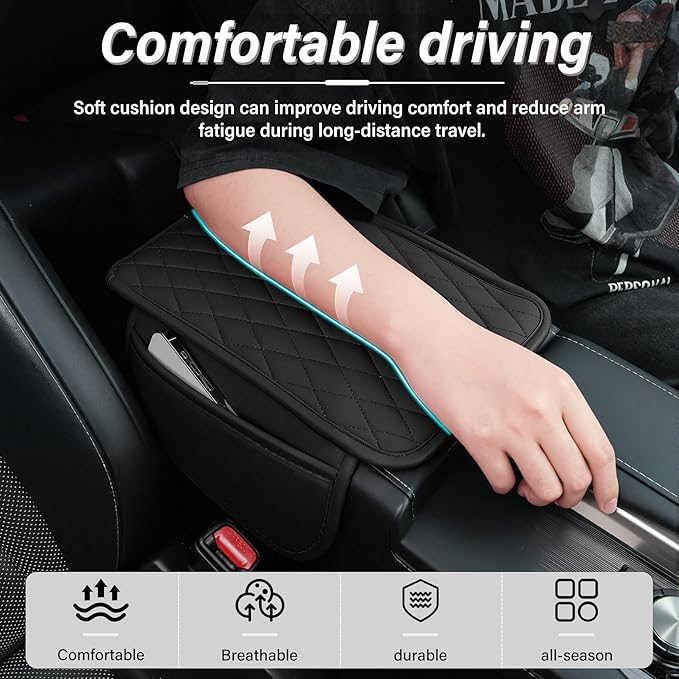 Amiss Car Center Console Cover, Upgraded Leather Car Armrest Cushion with 2 Storage Pockets, Universal Waterproof Cushion Pad, Non-Slip Car Interior Accessories, Fits Most Sedans SUVs Trucks (Black)