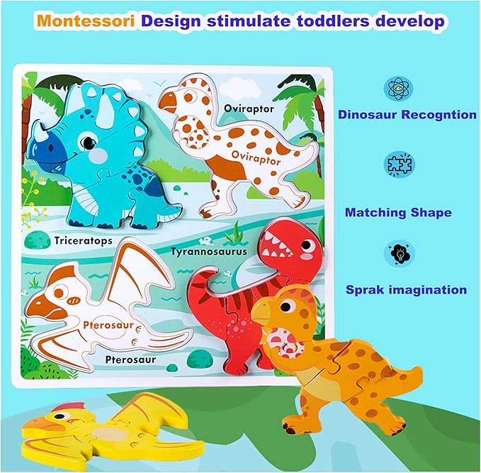 Wooden Jumbo Base Dinosaur Puzzle1-3, Dinosaurs Toys for 2 3 Years Old Boy Girls,Toddler Toys Ages 2-4,Dino Gifts for Boys
