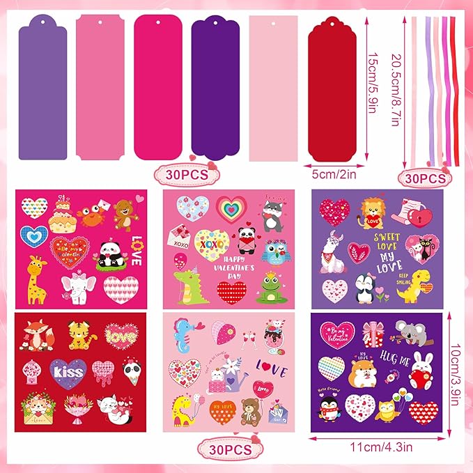 JUNEBRUSHS 30 Pack Valentines Crafts for Kids, Valentine's Day Bookmarks Craft Kits with Assorted Hearts Animal Stickers for Kids Classroom Game Activities Valentines Day Gift Exchange