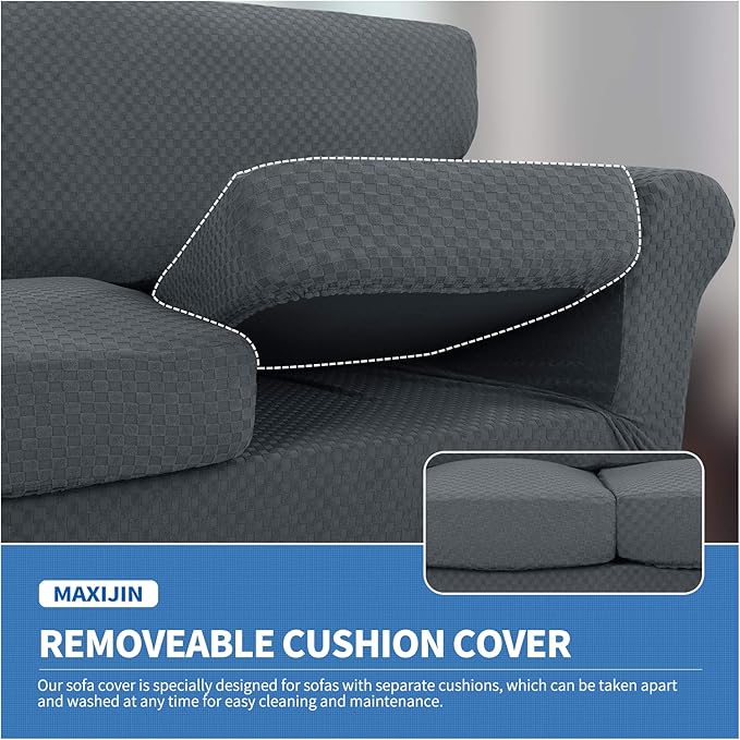 MAXIJIN 3 Piece Stretch Couch Covers for 2 Cushion Couch Sofa Slipcovers with 2 Extra Large Seat Cushion Couch Jacquard Loveseat Sofa Couch Cover for Dogs (2 Cushion Sofa, Dark Gray)