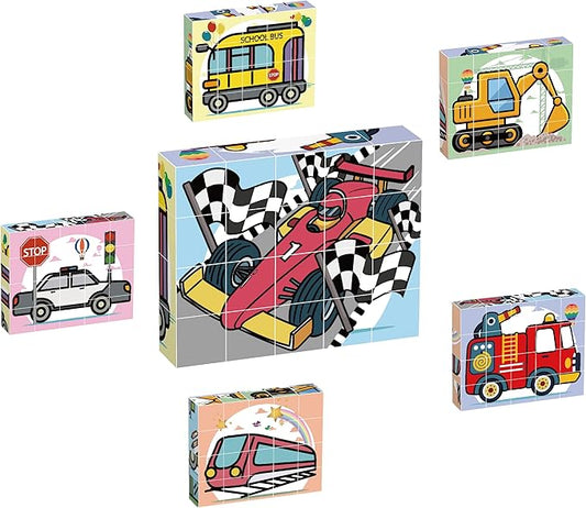 Picasso Cubes Magnetic Cube Puzzle 6-in-1 Vehicle Theme Pattern Magnet Brain Teaser Cubes Building Block 120 Pictures Toy Set Kids Ages 3 & Up Preschool Children Promotes Problem PMC24