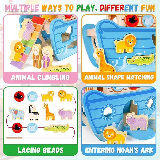 Wooden Noahs Ark Toy Animal Playset, Baptism Gifts for 2 3 4 Years Old Boys Girl, Lacing Beads, Shape Sorter, Montessori Noah's Ark Toys with Bible Story Book for 24 Months Kids