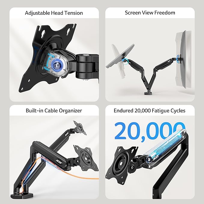 Acer Dual Monitor Arm, Computer Desk Arm with VESA Mounts for 17–32″ Screens, Fully Adjustable Gas Spring Monitor Stand, C-Clamp and Grommet Mounting Base, Fits 4.4 to 19.8lbs Computer Monitors