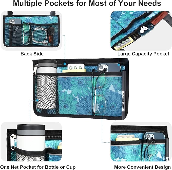 Wheelchair Side Bag, Upgrade Flower Color Wheelchair Armrest Storage Pouch with Cup Holder and Reflective Strip, Made with Waterproof Fabric, for Most Wheelchairs, Walkers and Rollators (Blue Floral)