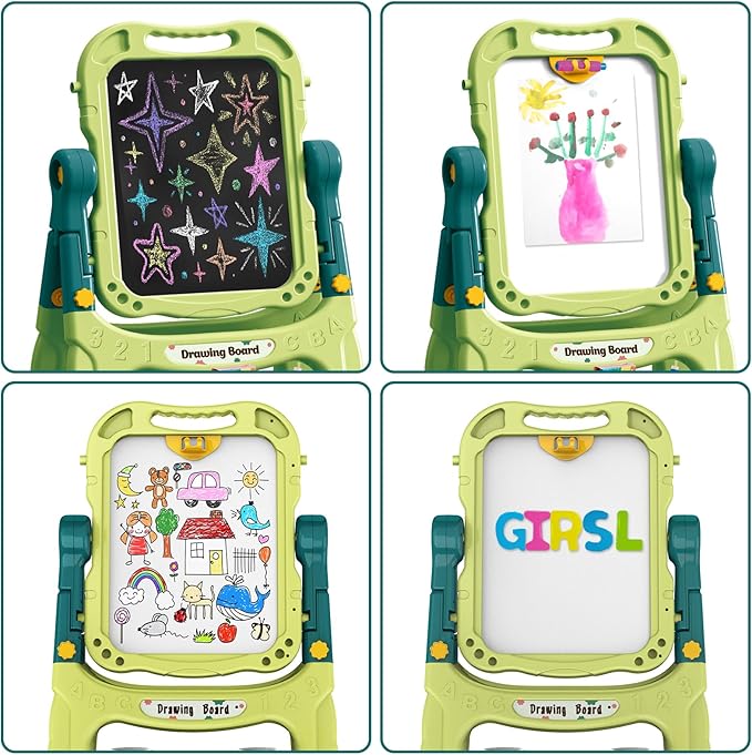 Kids Art Easel, Adjustable Drawing White Board & Chalk Board, Toddler Standing Easel with Painting Accessories, Gift for Girls Boy (Green)
