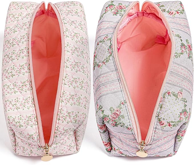 HHQQWZ Makeup Bag Travel Cosmetic Bag for Women Girls, Zipper Make Up Pouch, Floral Flowers Toiletry Organizer Makeup, Portable Storage Bag, Cosmetic Travel Cloth Bag (Pink+Blue)
