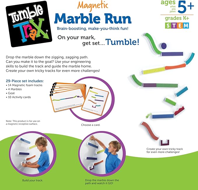 Learning Resources Tumble Trax Magnetic Marble Run, STEM Toy, 28 Piece Set, Ages 5+