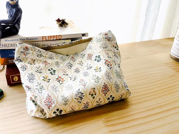 HAPPYHEIDI Large Floral Cotton Makeup Bag Cosmetic Travel Pouch, Make Up Purse Organizer, Canvas Lined Cute Grid Flower Show