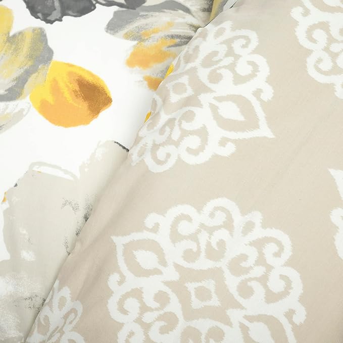 Lush Decor Leah Reversible 100% Cotton Duvet Cover Set, 3 Piece Set, Full/ Queen, Yellow & Gray - Queen Bedding Set - Yellow Duvet Cover - Country Floral Decor