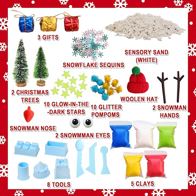 Christmas Sensory Bin,Snowman Making Kit for Kids,Christmas DIY Modeling Clay Making Kit,Xmas Sensory Toys for Holiday with Play Sand for Toddlers,Christmas Kids Toys Gift