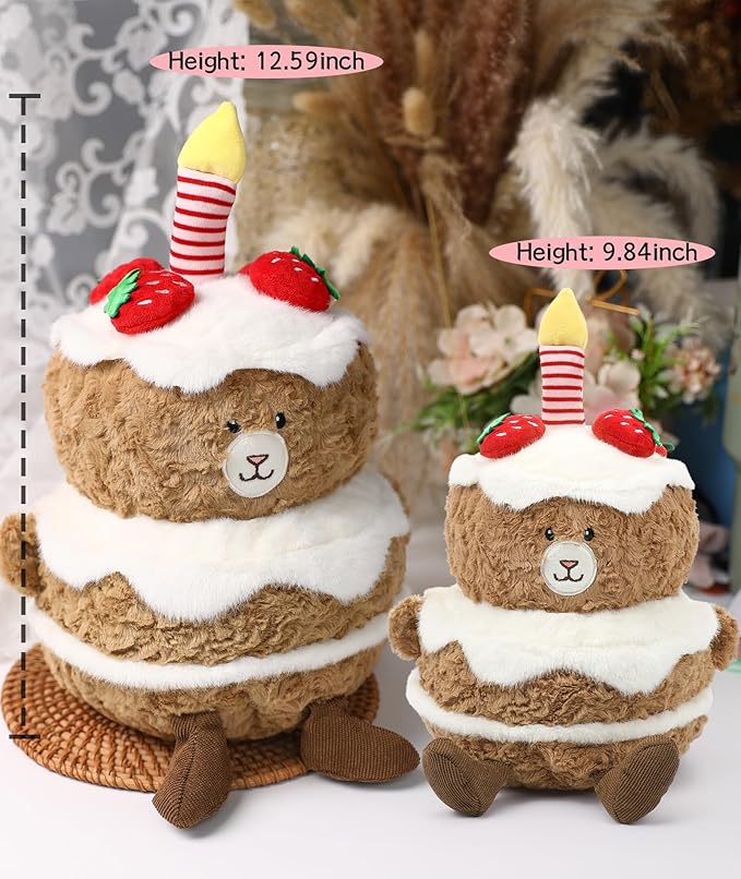 Birthday Plush Toy Bear Stuffed - Adorable Cake Stuffed Animal, Cute Teddy Bear Face with Candle, Huggable Kids' Gifts, Party Decorations, 13 Inch
