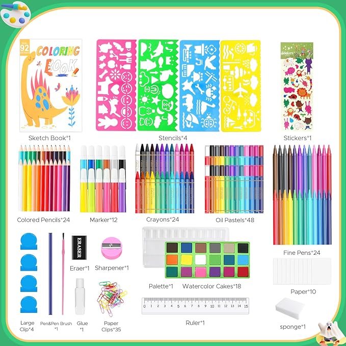 homicozy Art Supplies for Kids Ages 4-12,Dinosaur Drawing Sets Art Case,Coloring Kits with Double Sided Trifold Easel,Crayon,Colored Pencil,Marker,Coloring Book,Drawing Stuffs Gifts for Boys Age 4-6-8