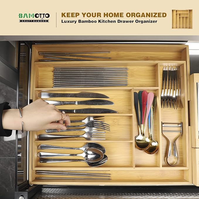 BAMOTTO CRAFTBAMBOO Expandable Bamboo Drawer Organizer – Large 20"x16.9" Size with Adjustable Dividers – for Kitchen Utensils, Knives, Cutlery, Flatware & Silverware Storage Tray