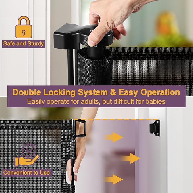 42" Tall X 80" Wide Retractable Baby Gates for Large Openings Extra Tall Dog Gates for Doorway Tall Retractable Pet Gate Tall Mesh Gates for Kids Long Dog Gate for Indoor/Outdoor (Black)